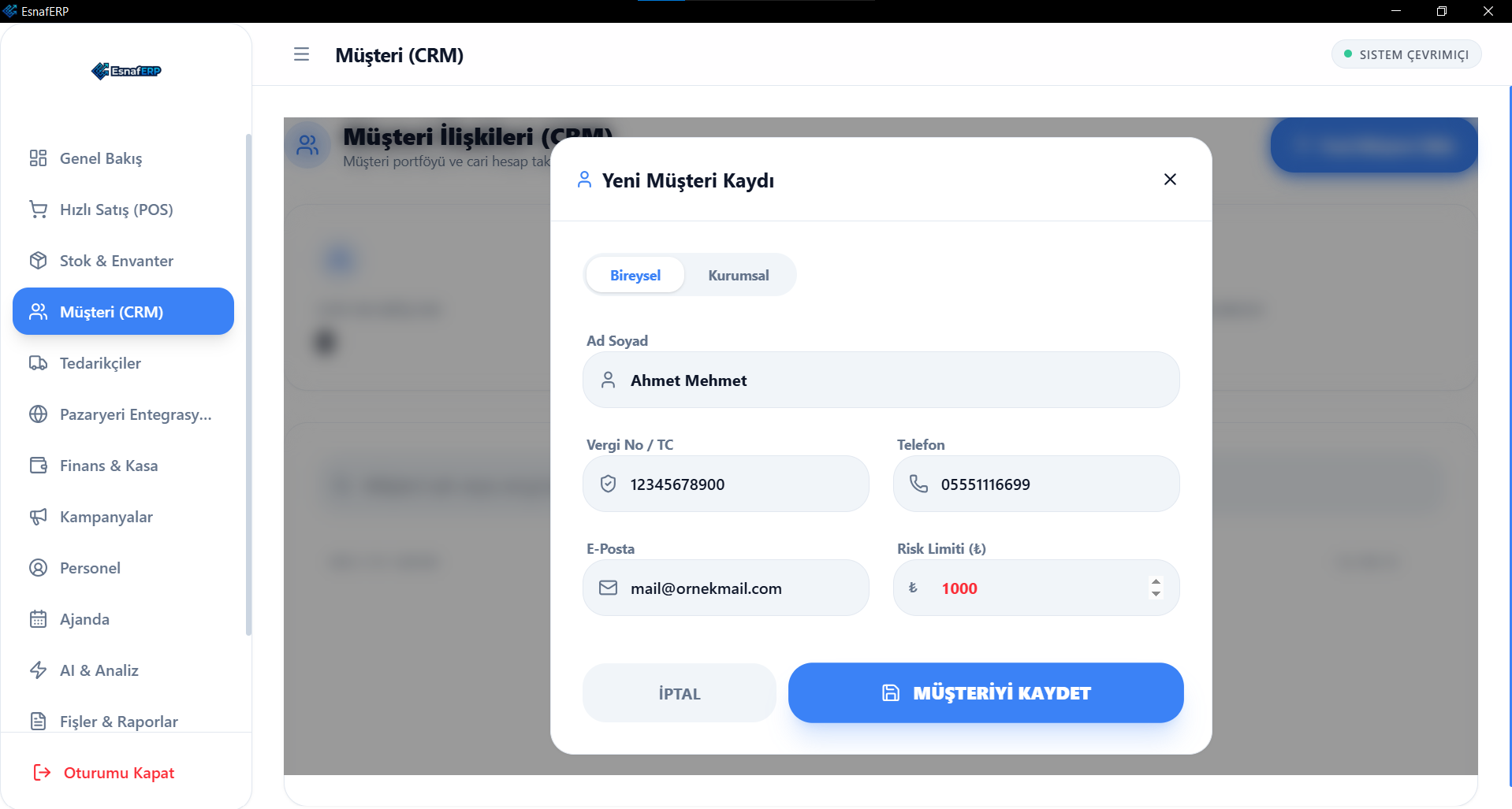 EsnafERP müşteri kaydı ekranı