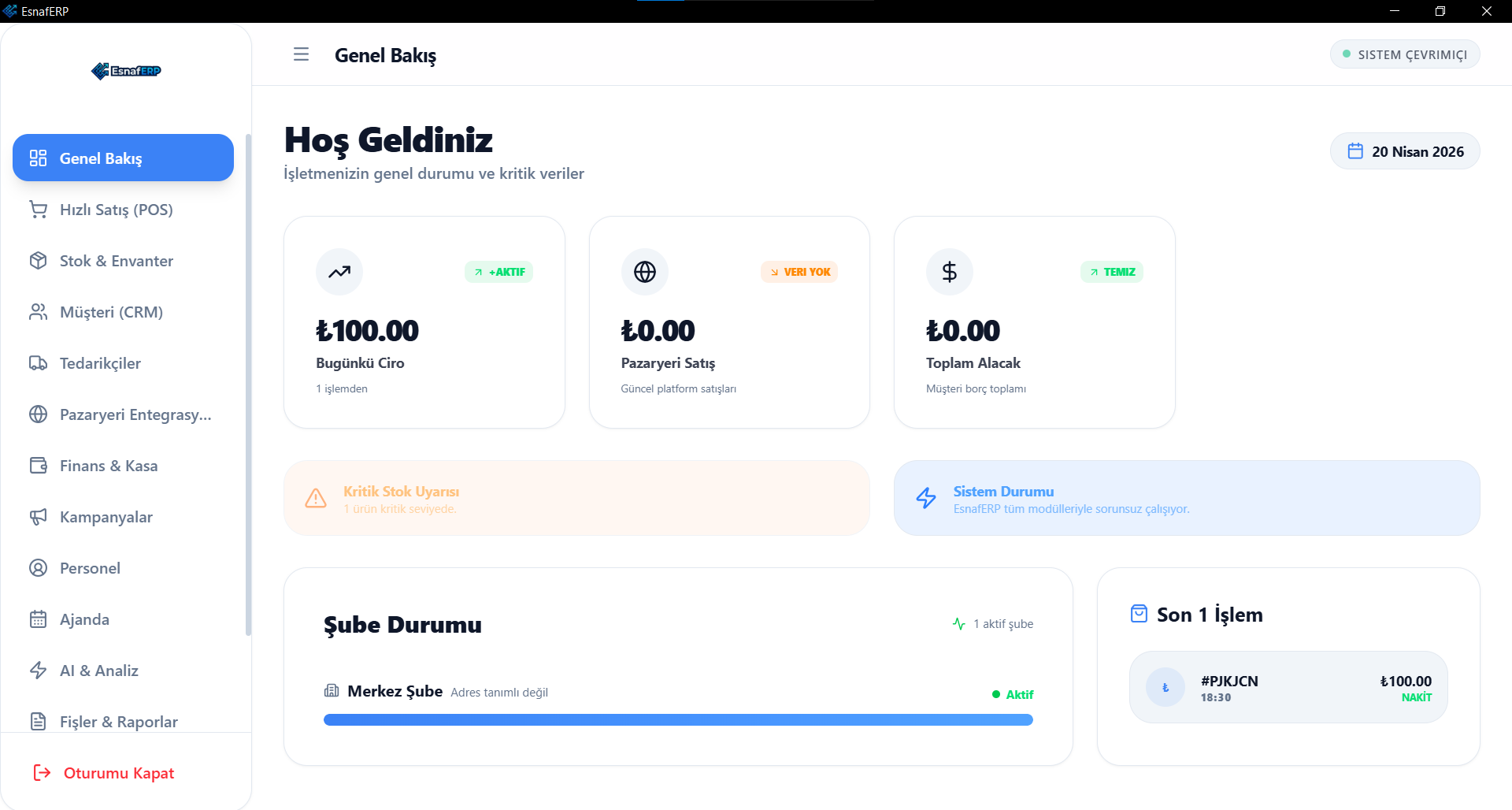 EsnafERP dolu dashboard ekranı