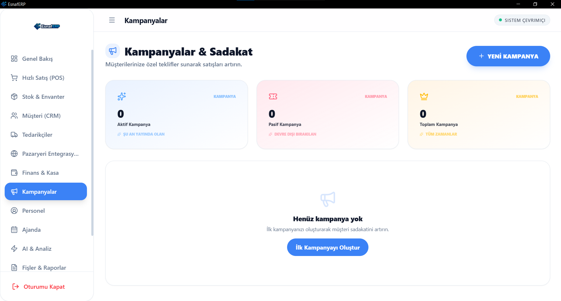 EsnafERP kampanya ve sadakat ekranı