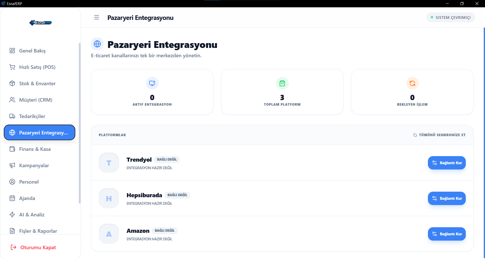 EsnafERP pazaryeri entegrasyonu ekranı