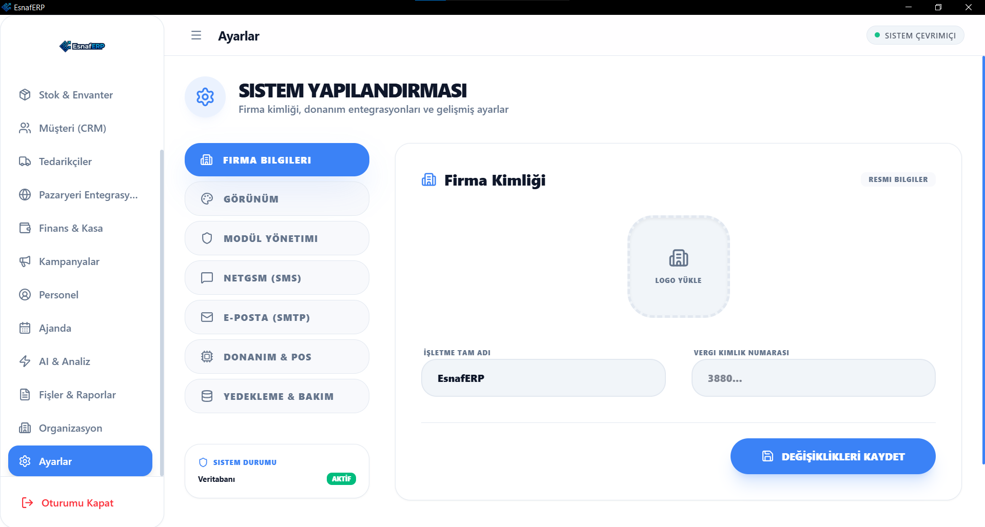 EsnafERP ayarlar ekranı