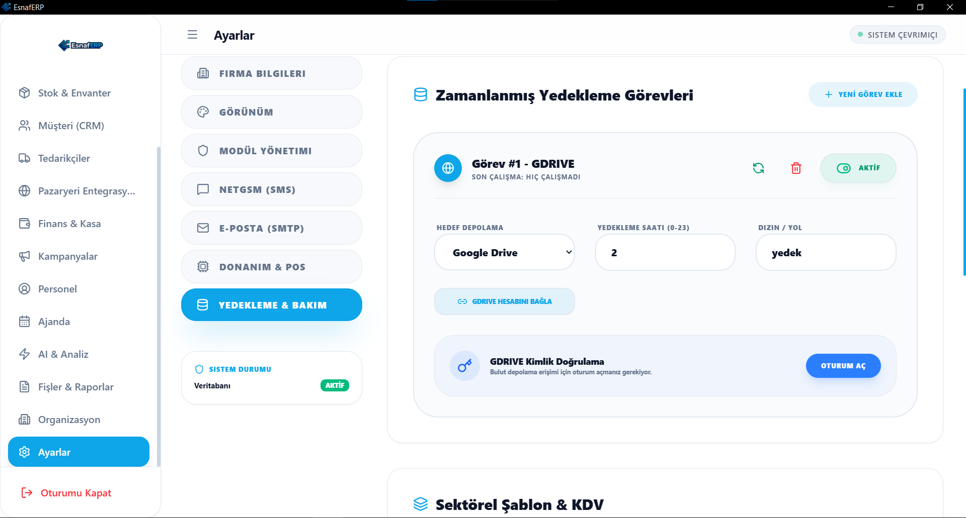 EsnafERP bakım ve yedekleme ekranı