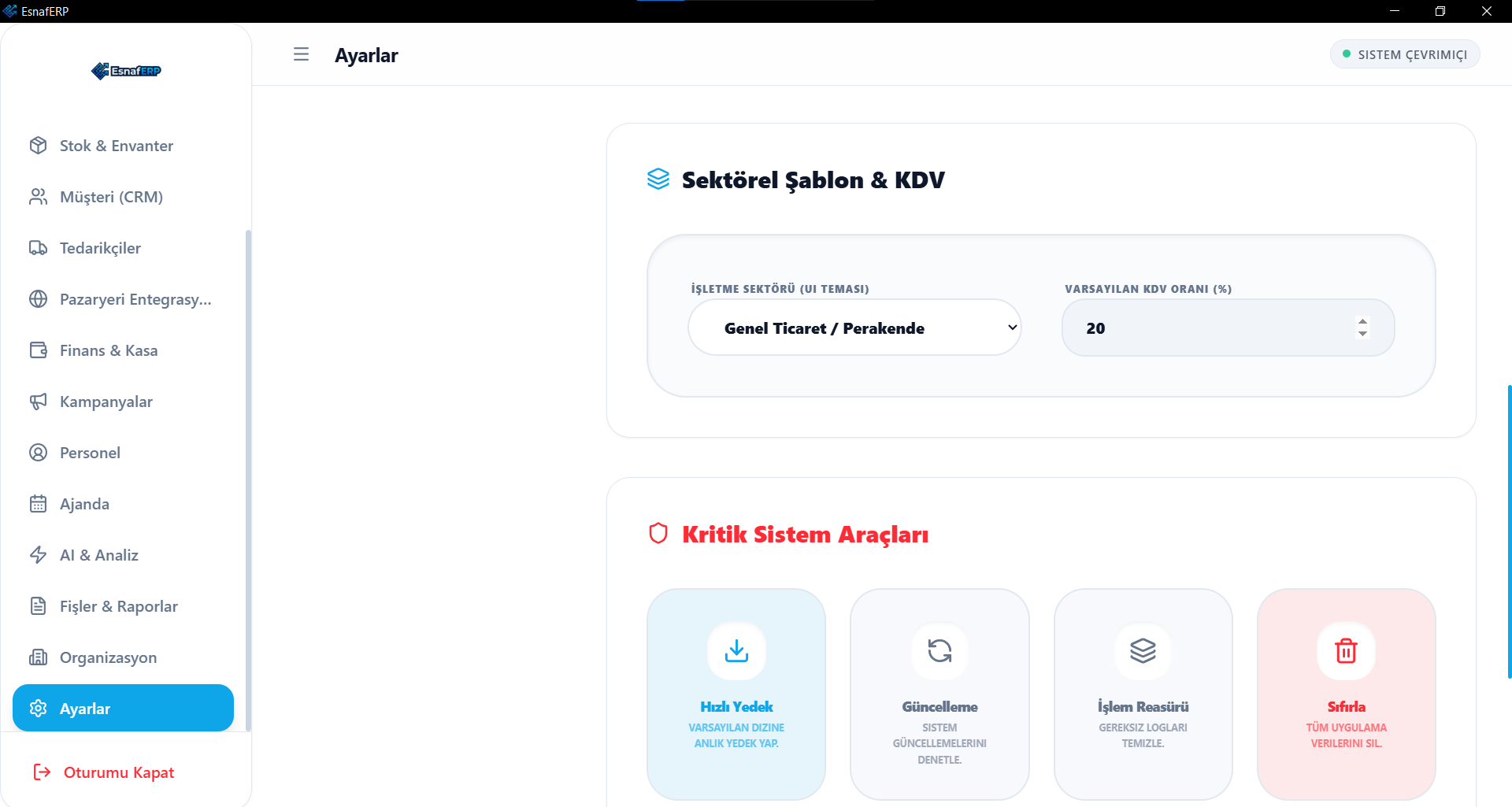 EsnafERP sektörel şablon ve sistem araçları ekranı
