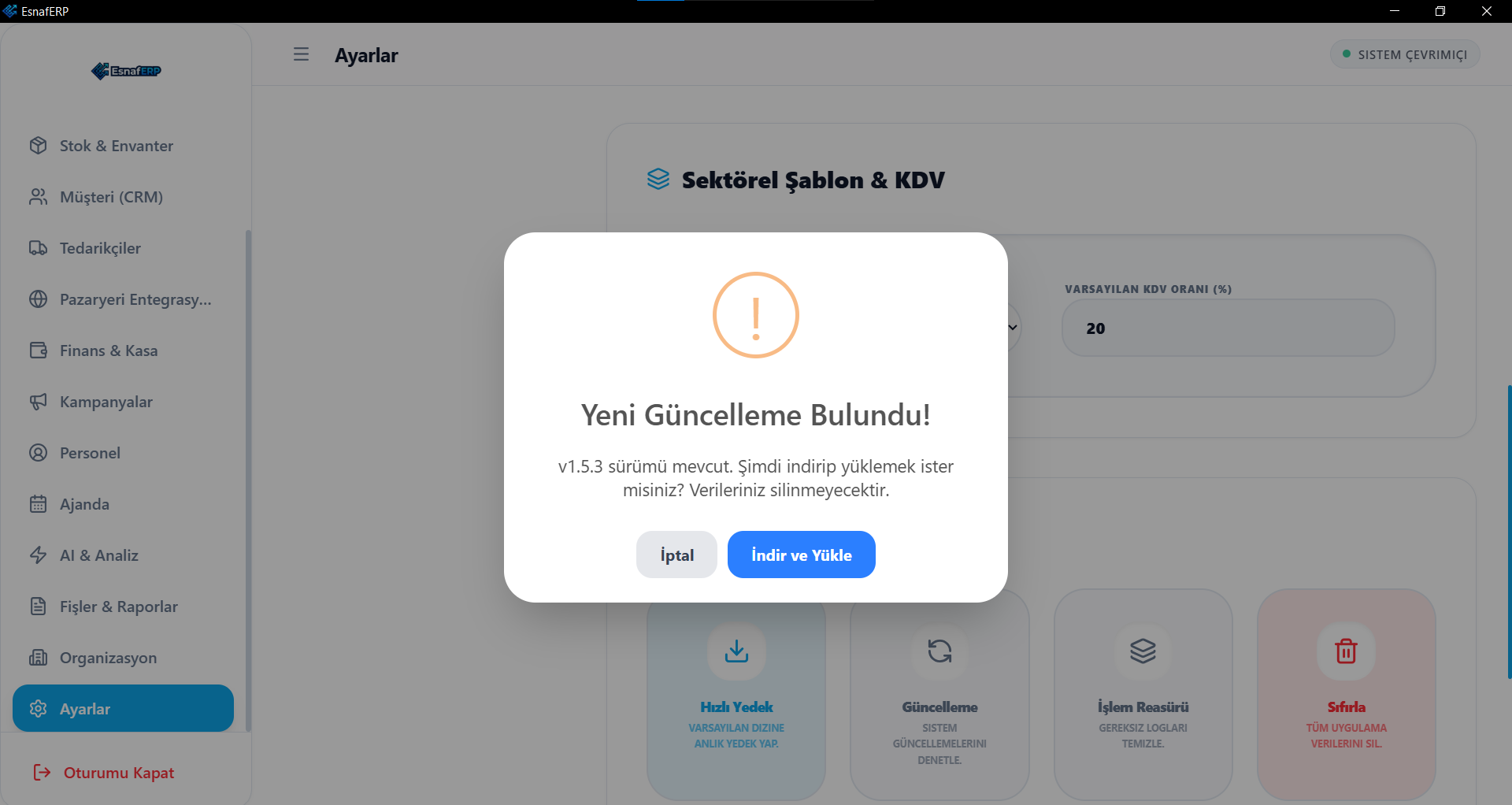 EsnafERP güncelleme penceresi
