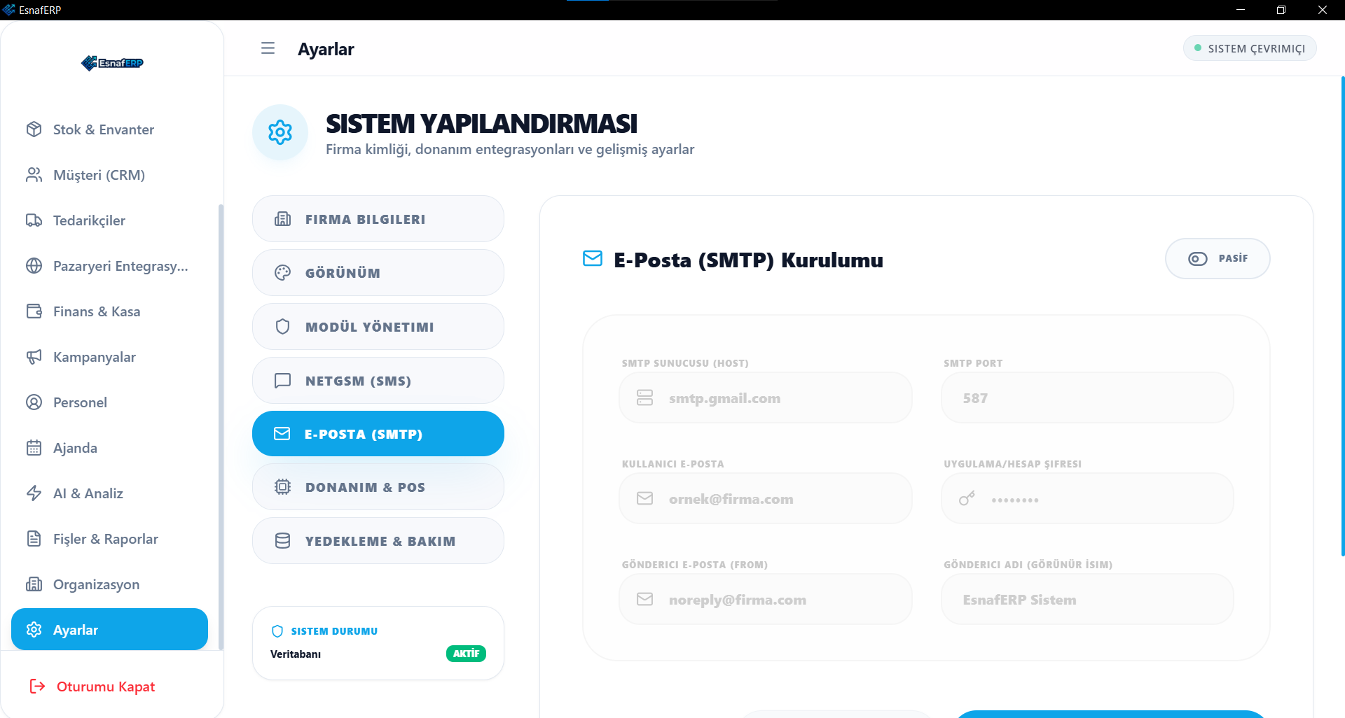 EsnafERP e-posta SMTP ayarları