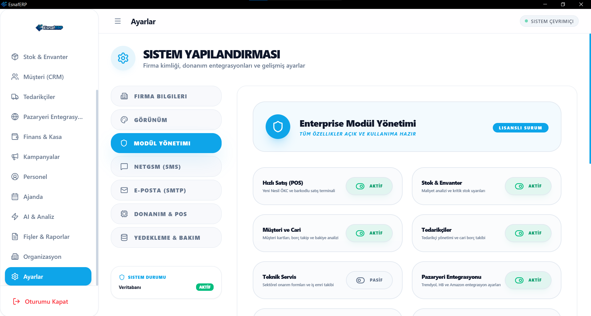 EsnafERP modül yönetimi ekranı