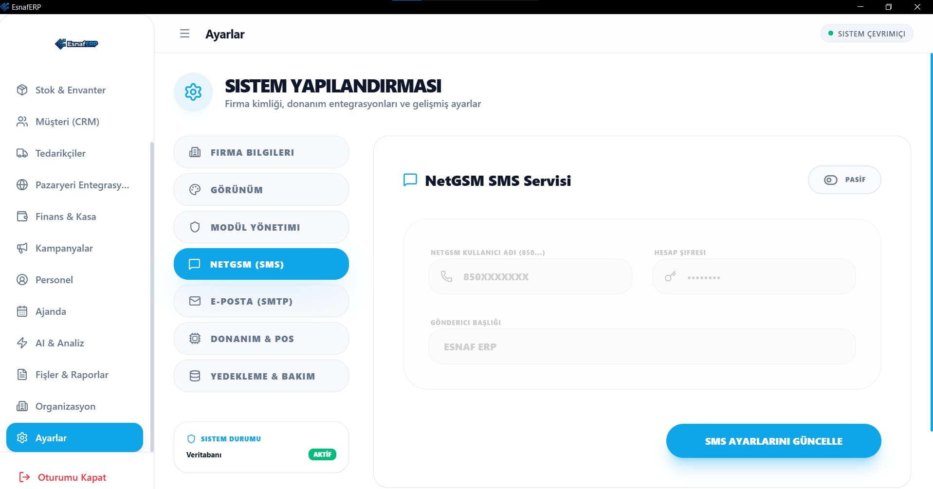 EsnafERP SMS entegrasyon ayarları