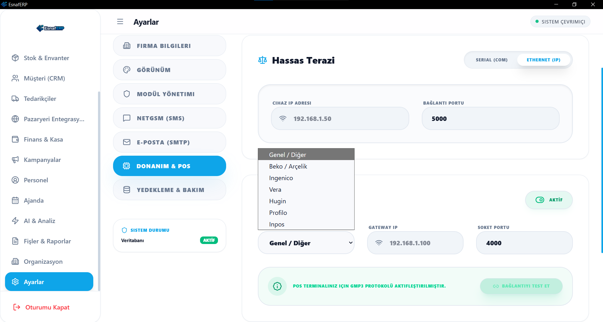 EsnafERP terazi ve POS entegrasyonu ekranı