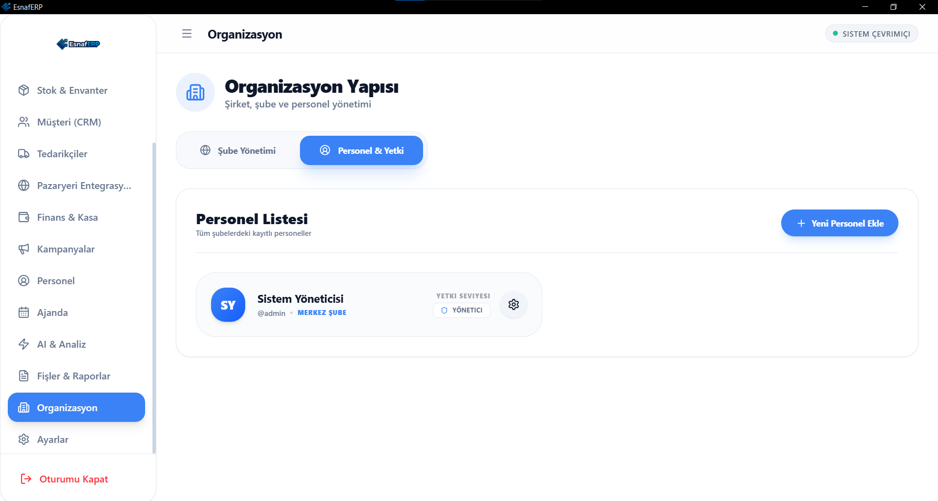 EsnafERP yeni personel ekleme ekranı