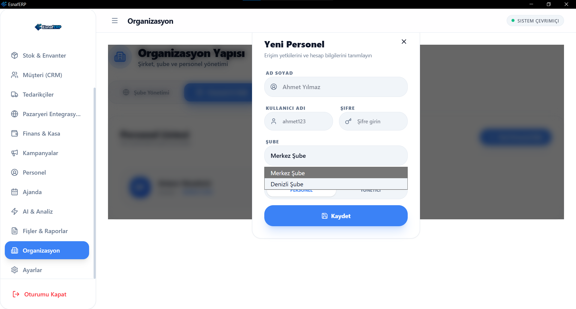 EsnafERP ikinci personel ekleme ekranı