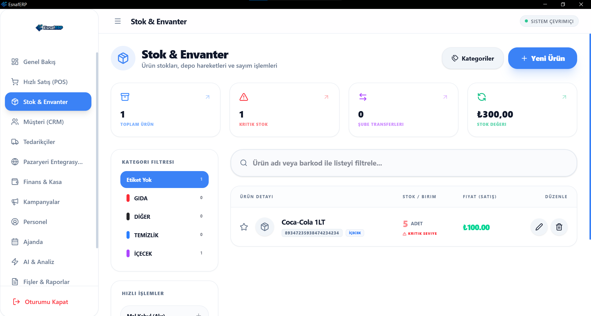 EsnafERP stok ve envanter ekranı