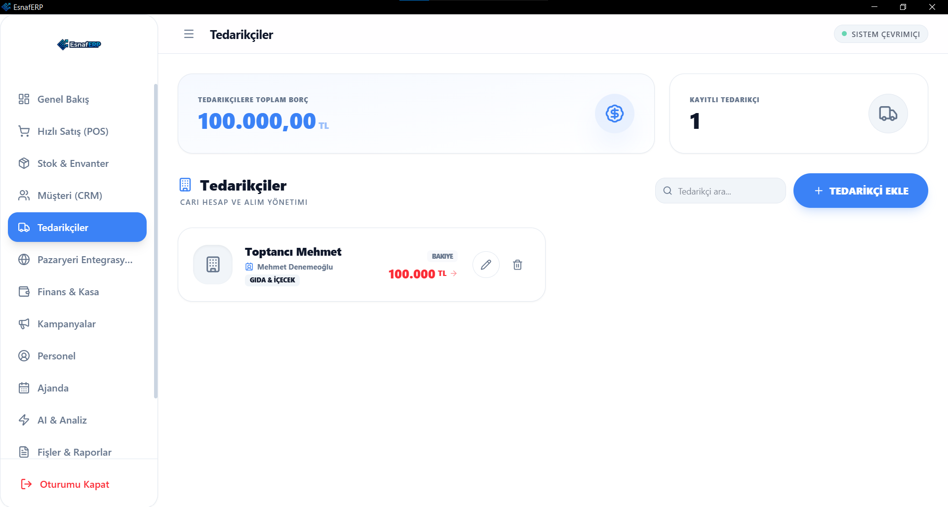 EsnafERP tedarikçi ekranı